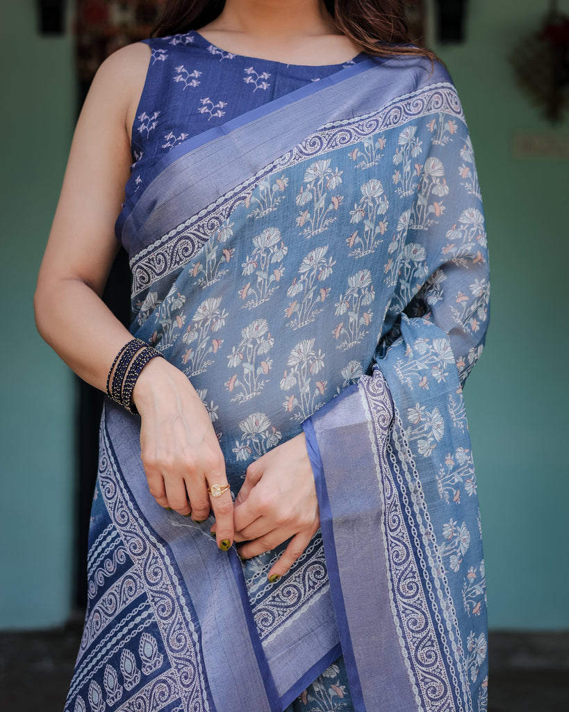 Elegant Blue Pure Cotton Linen Saree with Floral Pattern, Blouse, and Tassels on Edges LINEN