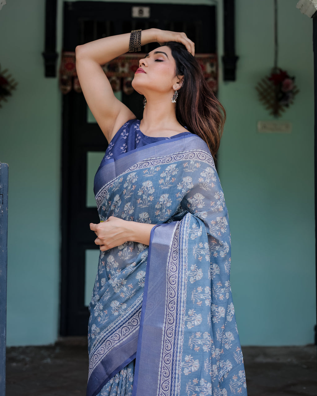 Elegant Blue Pure Cotton Linen Saree with Floral Pattern, Blouse, and Tassels on Edges LINEN