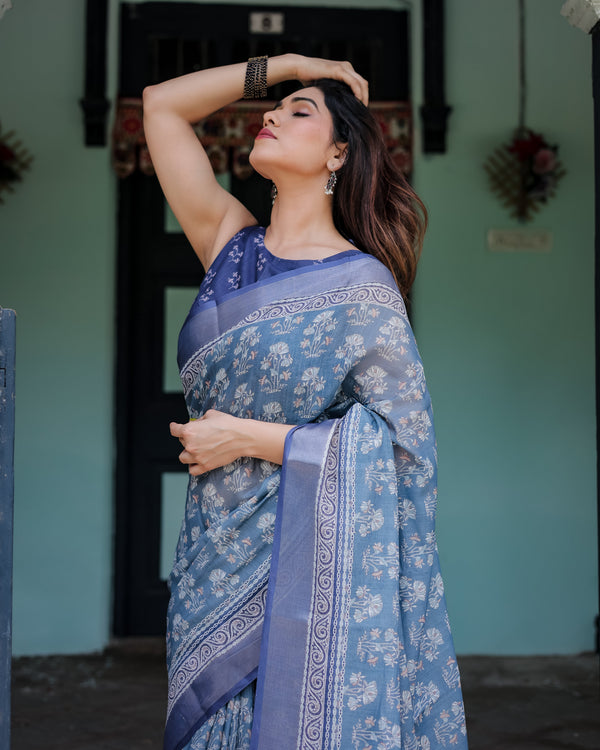Elegant Blue Pure Cotton Linen Saree with Floral Pattern, Blouse, and Tassels on Edges LINEN