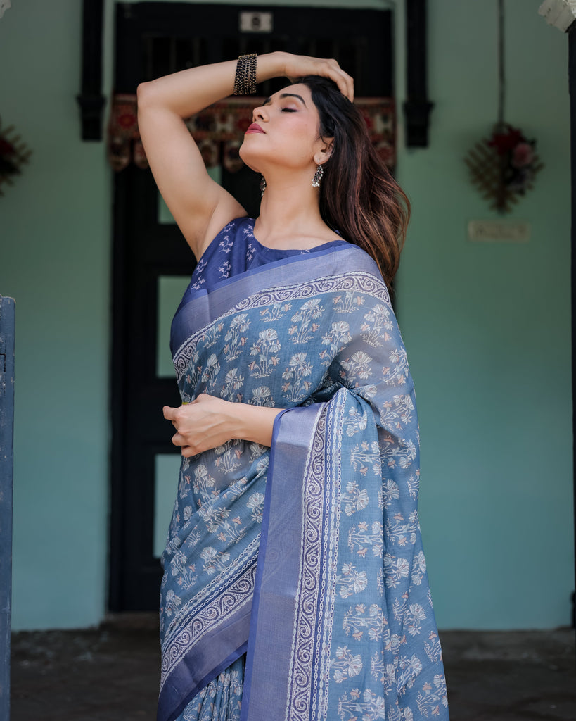Elegant Blue Pure Cotton Linen Saree with Floral Pattern, Blouse, and Tassels on Edges LINEN