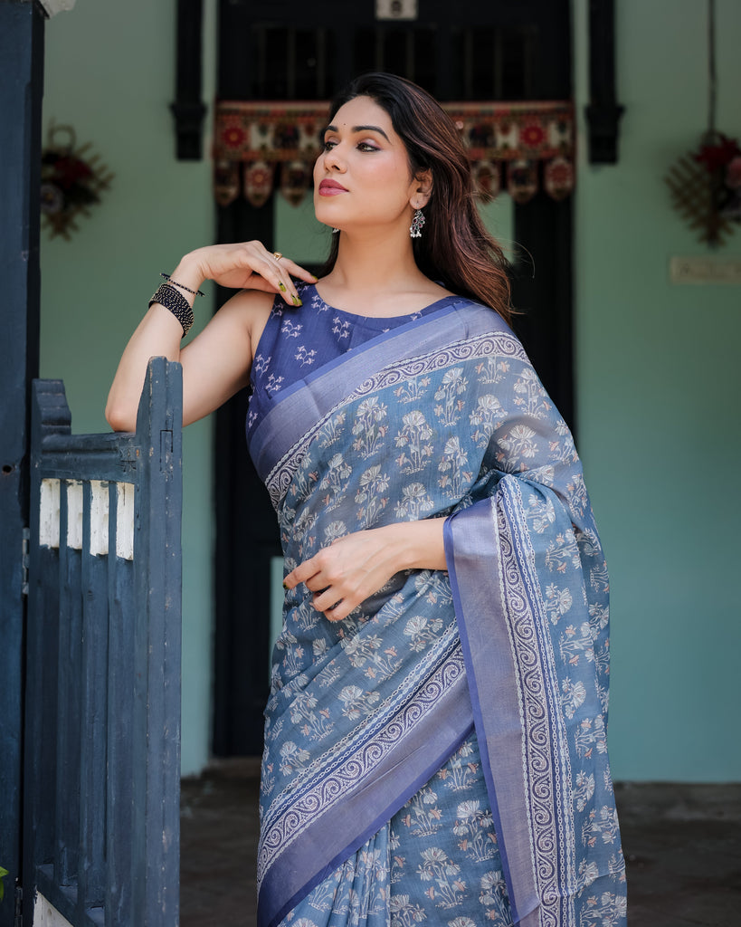 Elegant Blue Pure Cotton Linen Saree with Floral Pattern, Blouse, and Tassels on Edges LINEN