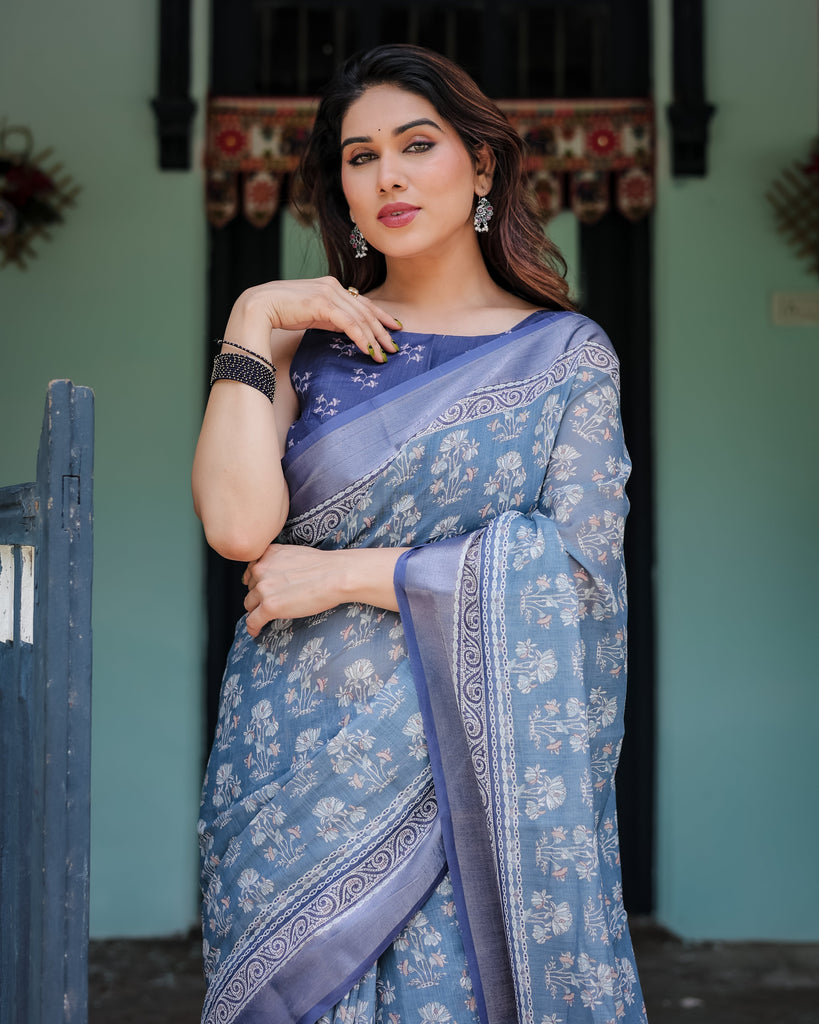 Elegant Blue Pure Cotton Linen Saree with Floral Pattern, Blouse, and Tassels on Edges LINEN