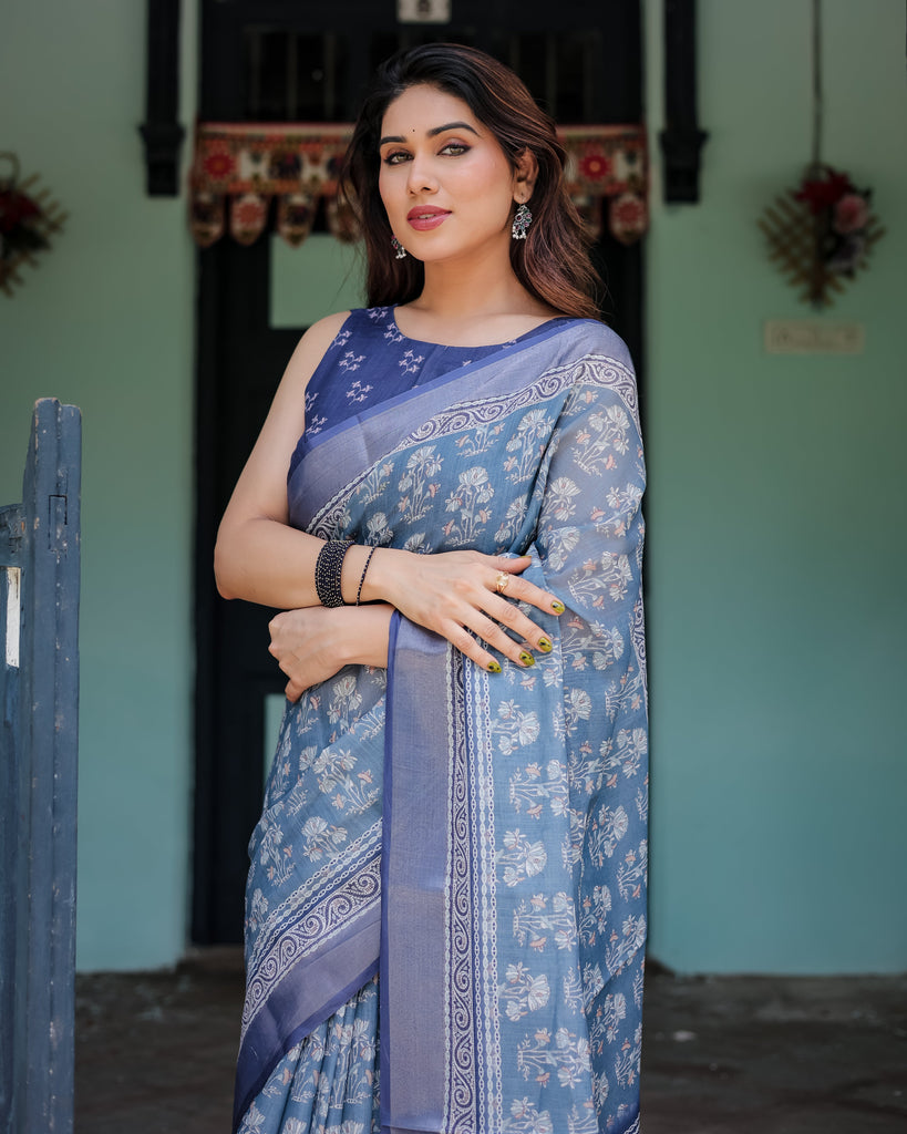 Elegant Blue Pure Cotton Linen Saree with Floral Pattern, Blouse, and Tassels on Edges LINEN