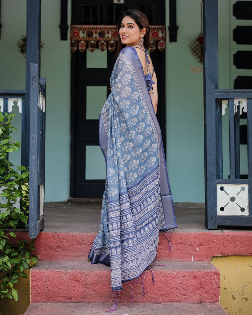 Elegant Blue Pure Cotton Linen Saree with Floral Pattern, Blouse, and Tassels on Edges LINEN