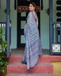 Load image into Gallery viewer, Elegant Blue Pure Cotton Linen Saree with Floral Pattern, Blouse, and Tassels on Edges LINEN