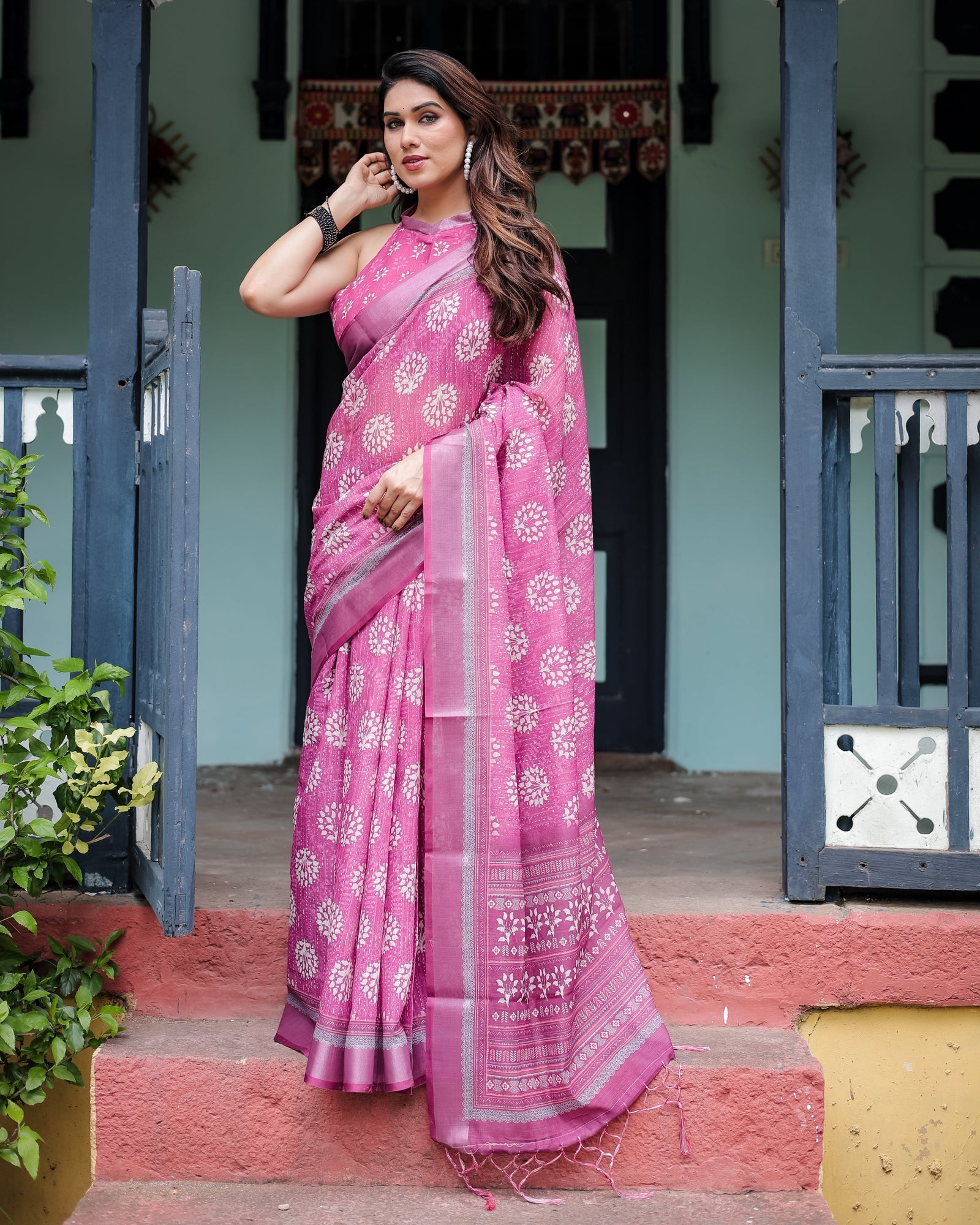 Magenta Pure Cotton Linen Saree with White Floral Block Print, Blouse, and Tassel Detailing LINEN