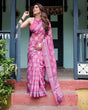 Load image into Gallery viewer, Magenta Pure Cotton Linen Saree with White Floral Block Print, Blouse, and Tassel Detailing LINEN
