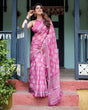 Load image into Gallery viewer, Magenta Pure Cotton Linen Saree with White Floral Block Print, Blouse, and Tassel Detailing LINEN