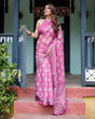 Load image into Gallery viewer, Magenta Pure Cotton Linen Saree with White Floral Block Print, Blouse, and Tassel Detailing LINEN