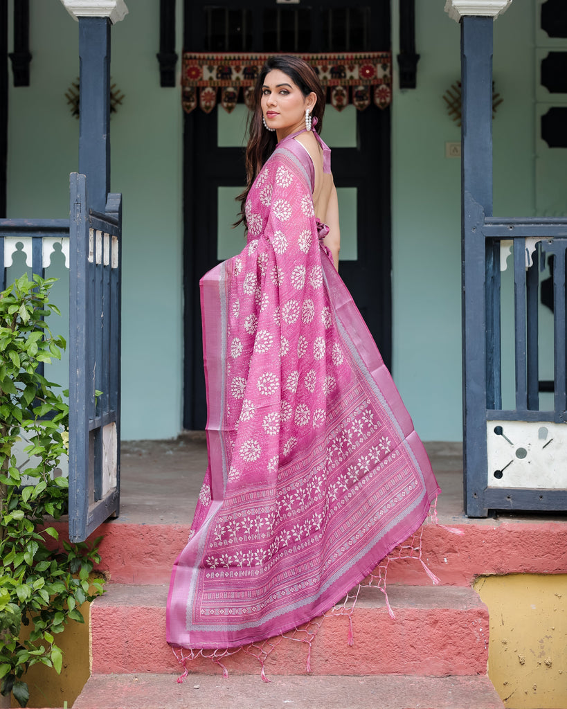 Magenta Pure Cotton Linen Saree with White Floral Block Print, Blouse, and Tassel Detailing LINEN