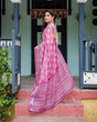Load image into Gallery viewer, Magenta Pure Cotton Linen Saree with White Floral Block Print, Blouse, and Tassel Detailing LINEN