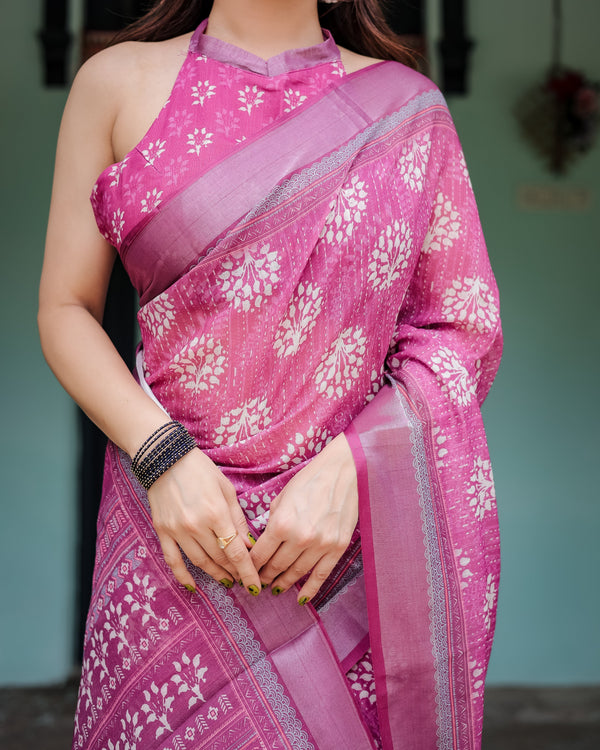 Magenta Pure Cotton Linen Saree with White Floral Block Print, Blouse, and Tassel Detailing LINEN