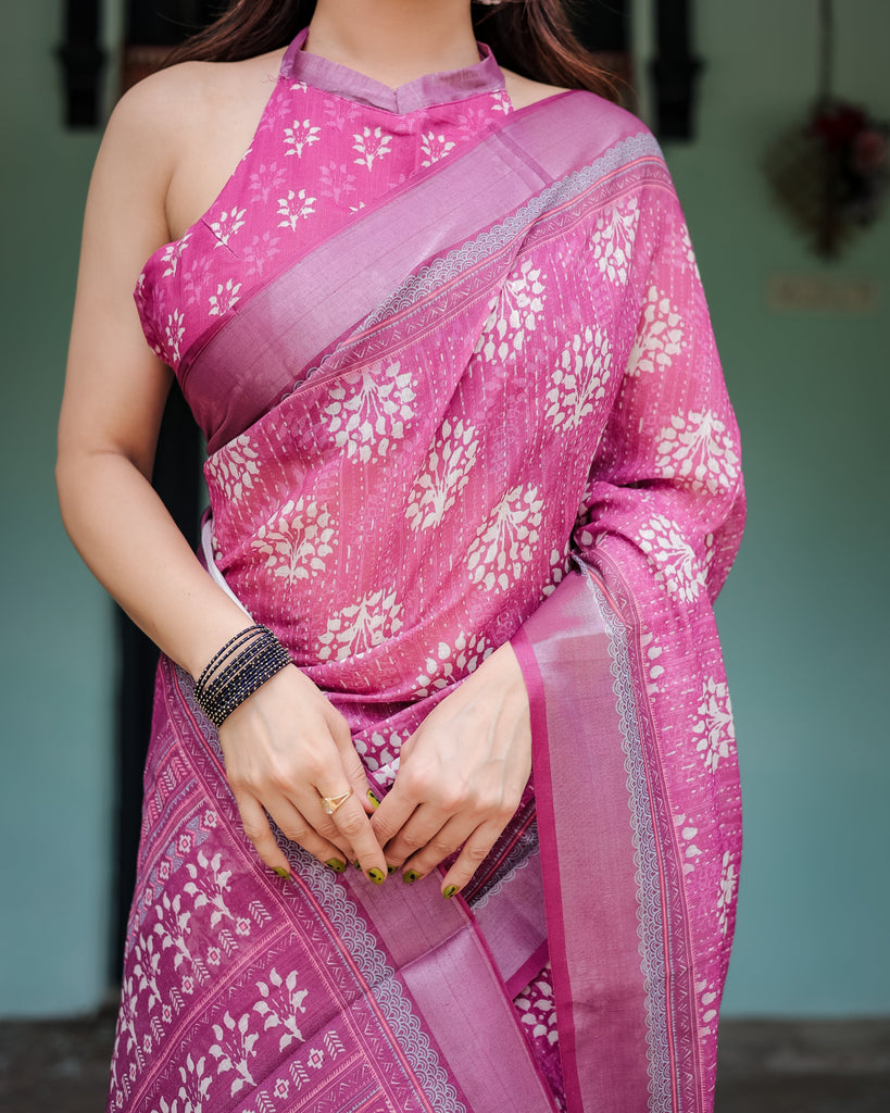 Magenta Pure Cotton Linen Saree with White Floral Block Print, Blouse, and Tassel Detailing LINEN