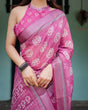 Load image into Gallery viewer, Magenta Pure Cotton Linen Saree with White Floral Block Print, Blouse, and Tassel Detailing LINEN