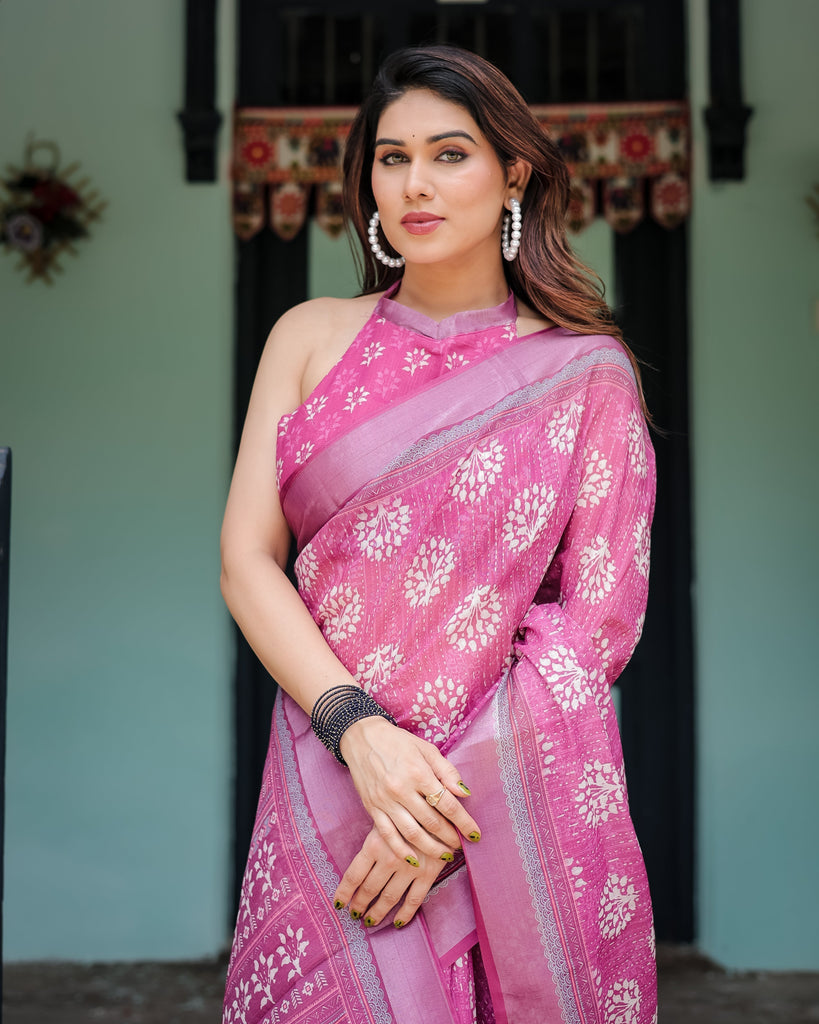 Magenta Pure Cotton Linen Saree with White Floral Block Print, Blouse, and Tassel Detailing LINEN