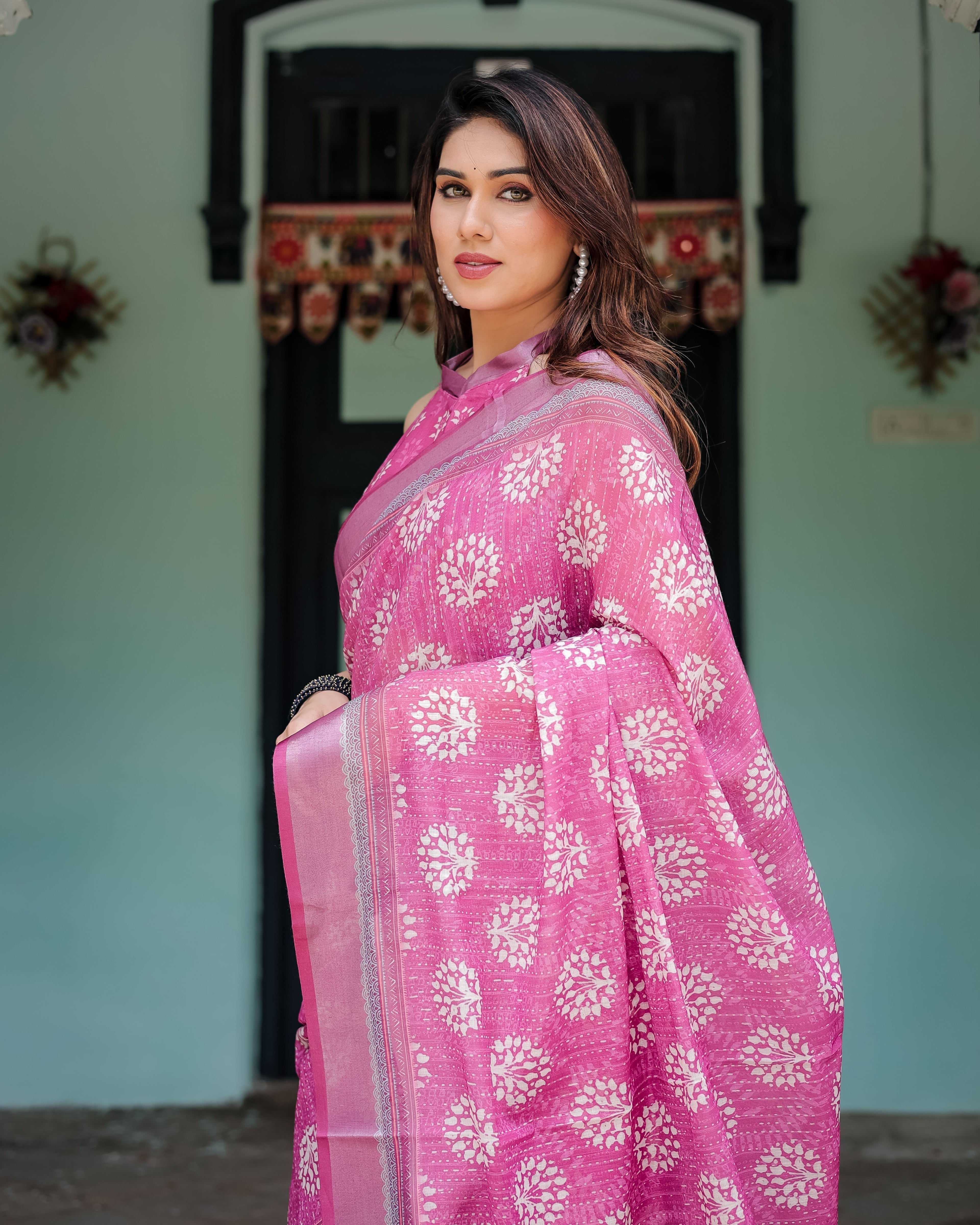 Magenta Pure Cotton Linen Saree with White Floral Block Print, Blouse, and Tassel Detailing LINEN
