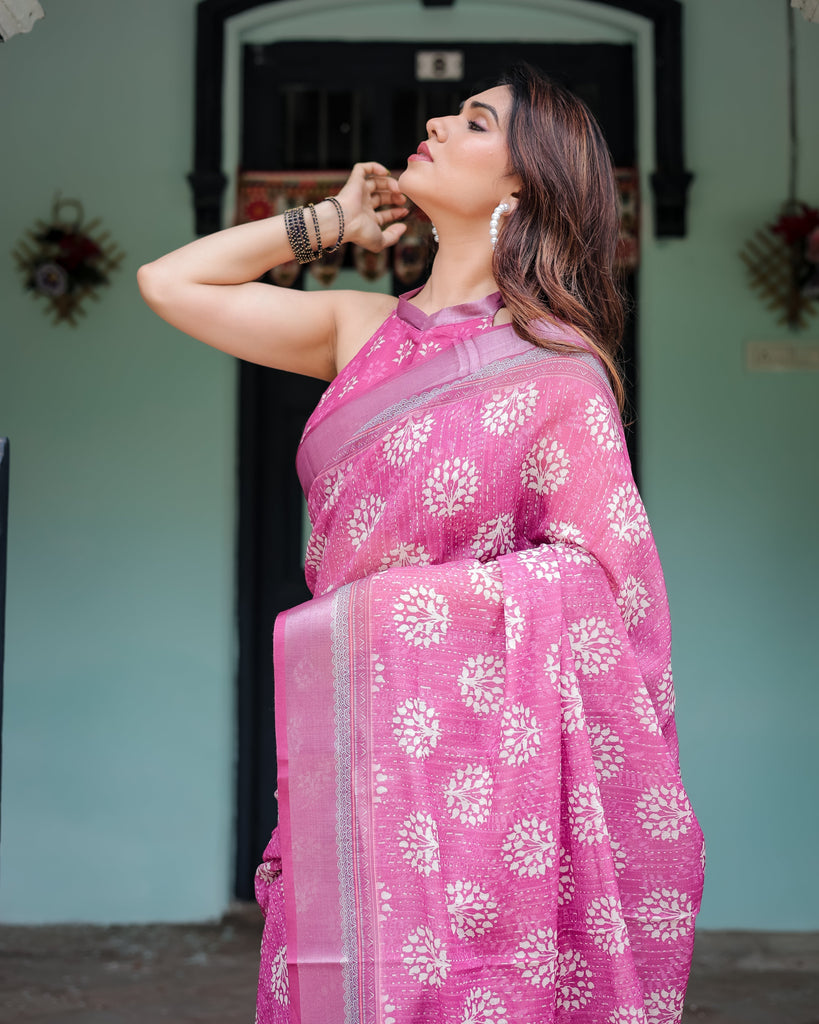 Magenta Pure Cotton Linen Saree with White Floral Block Print, Blouse, and Tassel Detailing LINEN