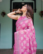 Load image into Gallery viewer, Magenta Pure Cotton Linen Saree with White Floral Block Print, Blouse, and Tassel Detailing LINEN