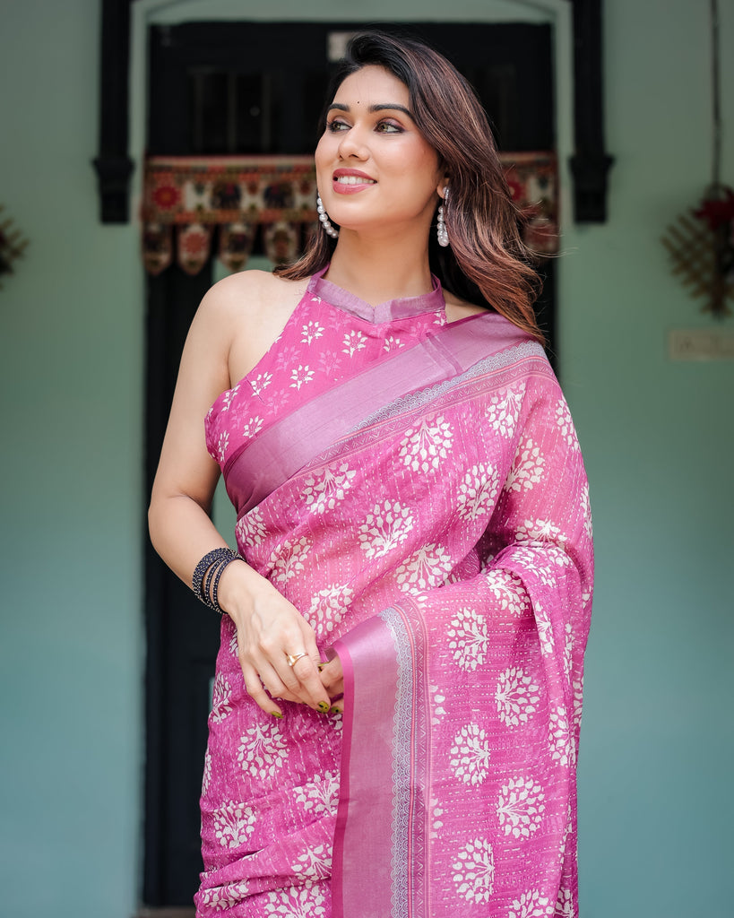 Magenta Pure Cotton Linen Saree with White Floral Block Print, Blouse, and Tassel Detailing LINEN