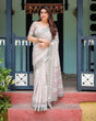 Load image into Gallery viewer, Soft Grey Pure Cotton Linen Saree with Pink and White Ikat Design, Blouse, and Tassel Detailing LINEN