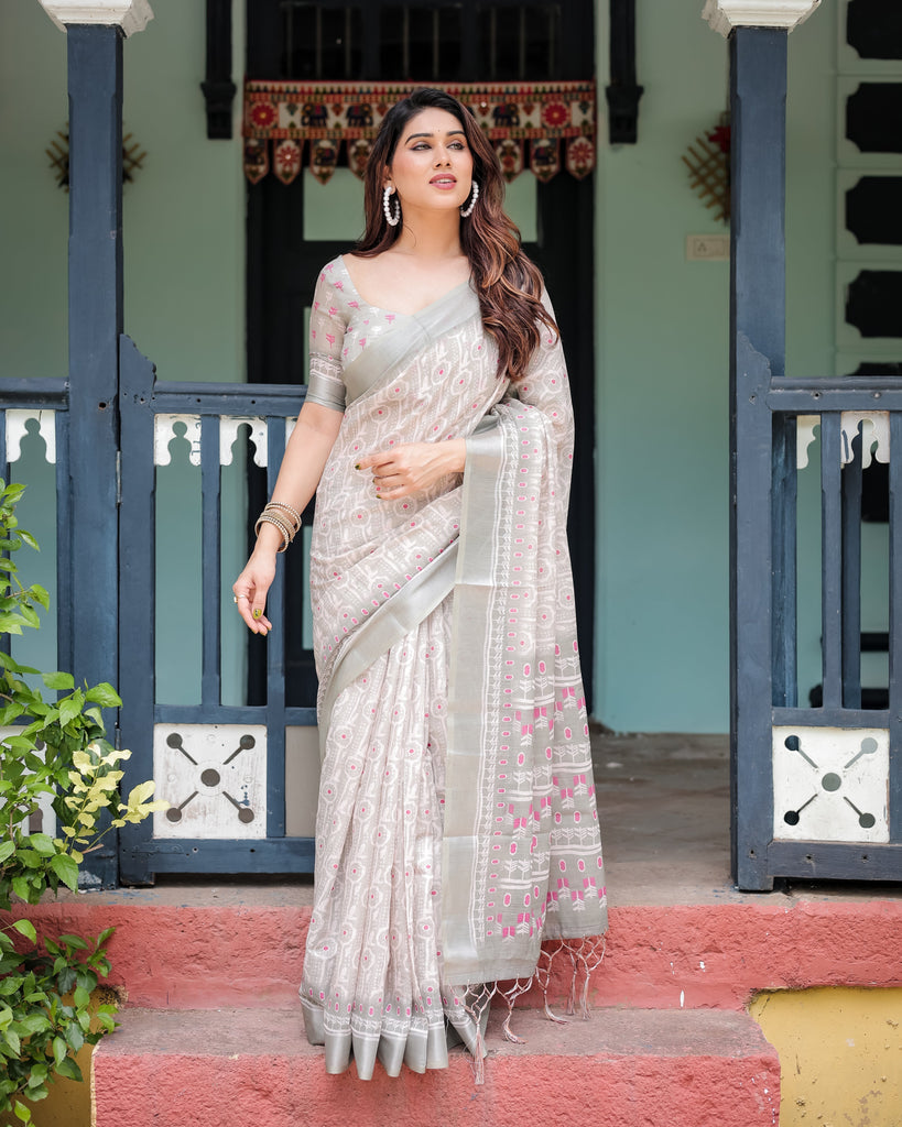 Soft Grey Pure Cotton Linen Saree with Pink and White Ikat Design, Blouse, and Tassel Detailing LINEN