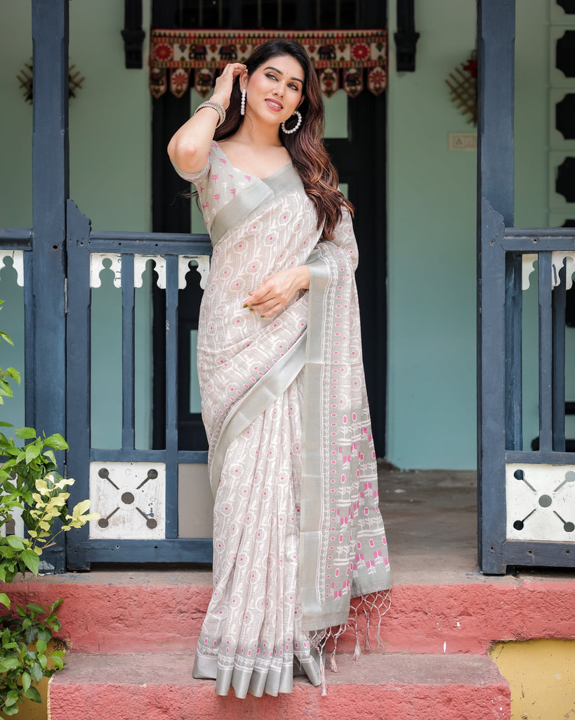 Soft Grey Pure Cotton Linen Saree with Pink and White Ikat Design, Blouse, and Tassel Detailing LINEN
