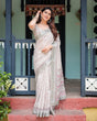 Load image into Gallery viewer, Soft Grey Pure Cotton Linen Saree with Pink and White Ikat Design, Blouse, and Tassel Detailing LINEN