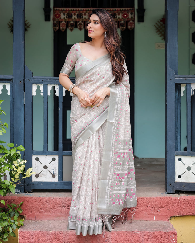 Soft Grey Pure Cotton Linen Saree with Pink and White Ikat Design, Blouse, and Tassel Detailing LINEN