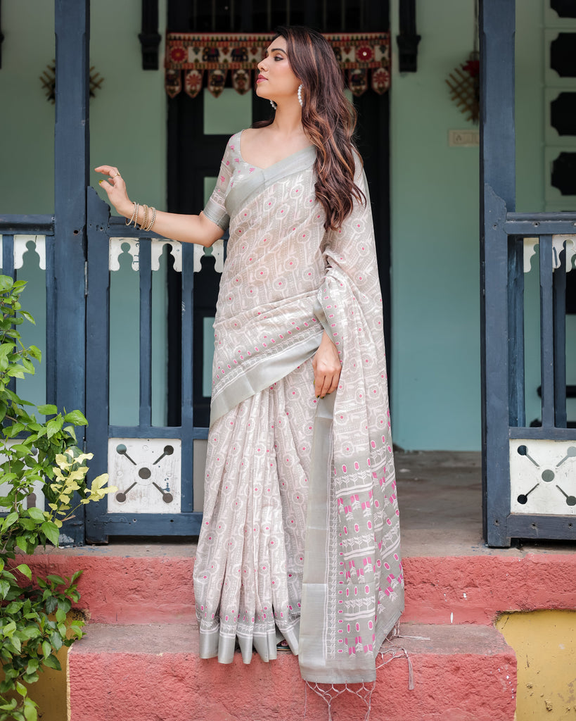 Soft Grey Pure Cotton Linen Saree with Pink and White Ikat Design, Blouse, and Tassel Detailing LINEN