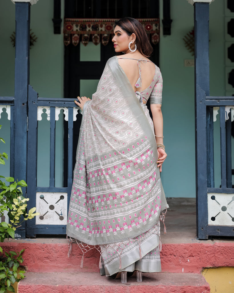 Soft Grey Pure Cotton Linen Saree with Pink and White Ikat Design, Blouse, and Tassel Detailing LINEN