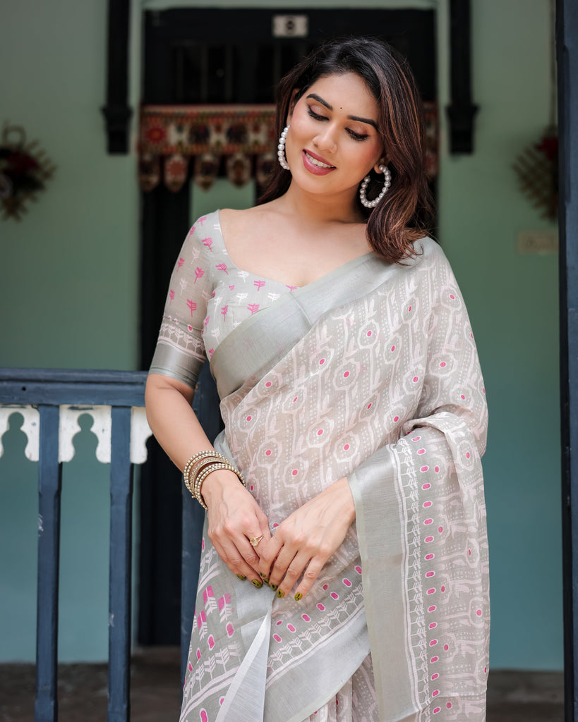 Soft Grey Pure Cotton Linen Saree with Pink and White Ikat Design, Blouse, and Tassel Detailing LINEN