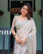Load image into Gallery viewer, Soft Grey Pure Cotton Linen Saree with Pink and White Ikat Design, Blouse, and Tassel Detailing LINEN