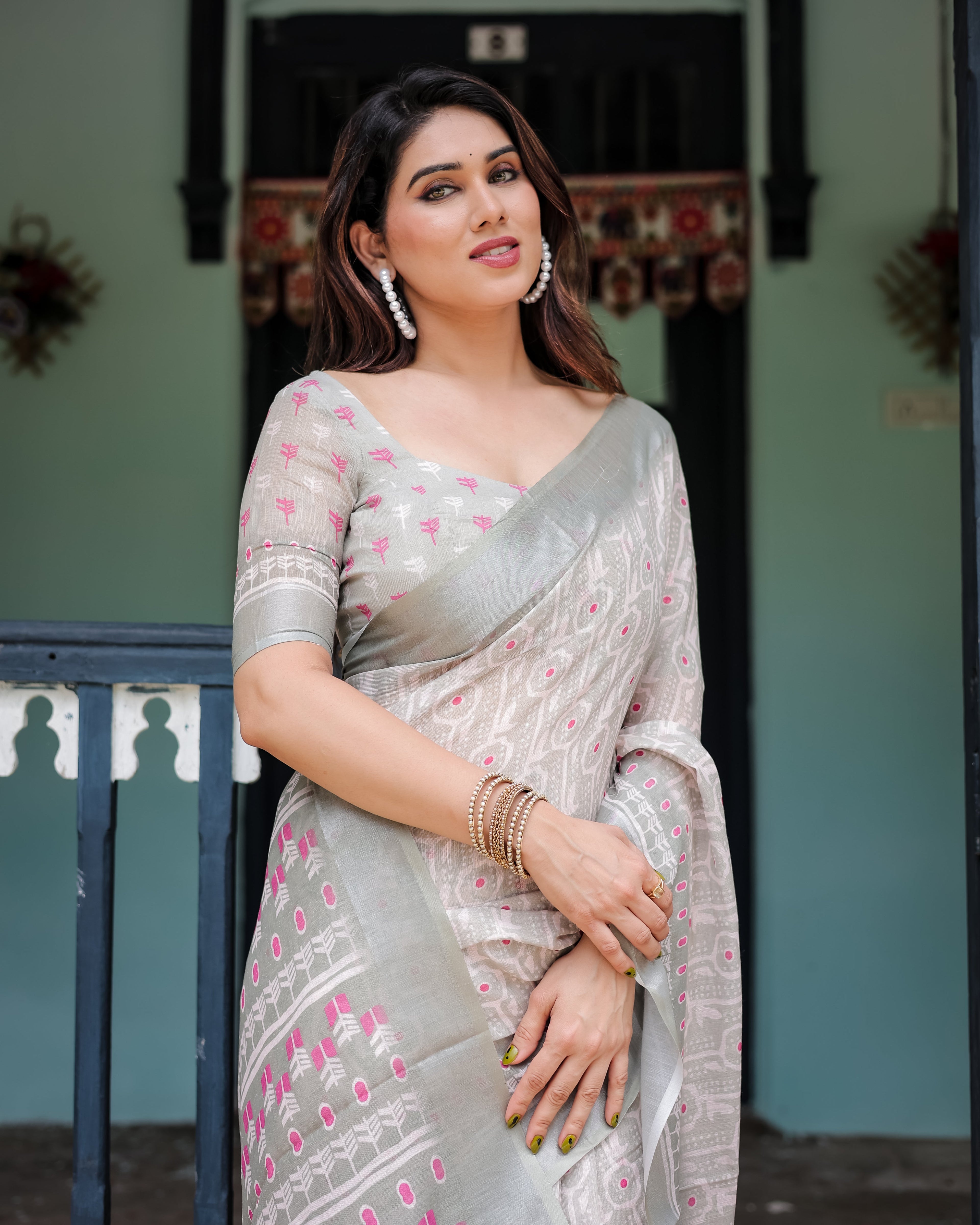 Soft Grey Pure Cotton Linen Saree with Pink and White Ikat Design, Blouse, and Tassel Detailing LINEN