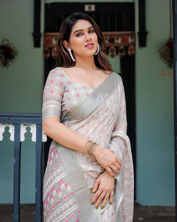 Soft Grey Pure Cotton Linen Saree with Pink and White Ikat Design, Blouse, and Tassel Detailing LINEN