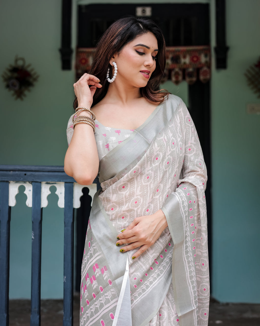 Soft Grey Pure Cotton Linen Saree with Pink and White Ikat Design, Blouse, and Tassel Detailing LINEN