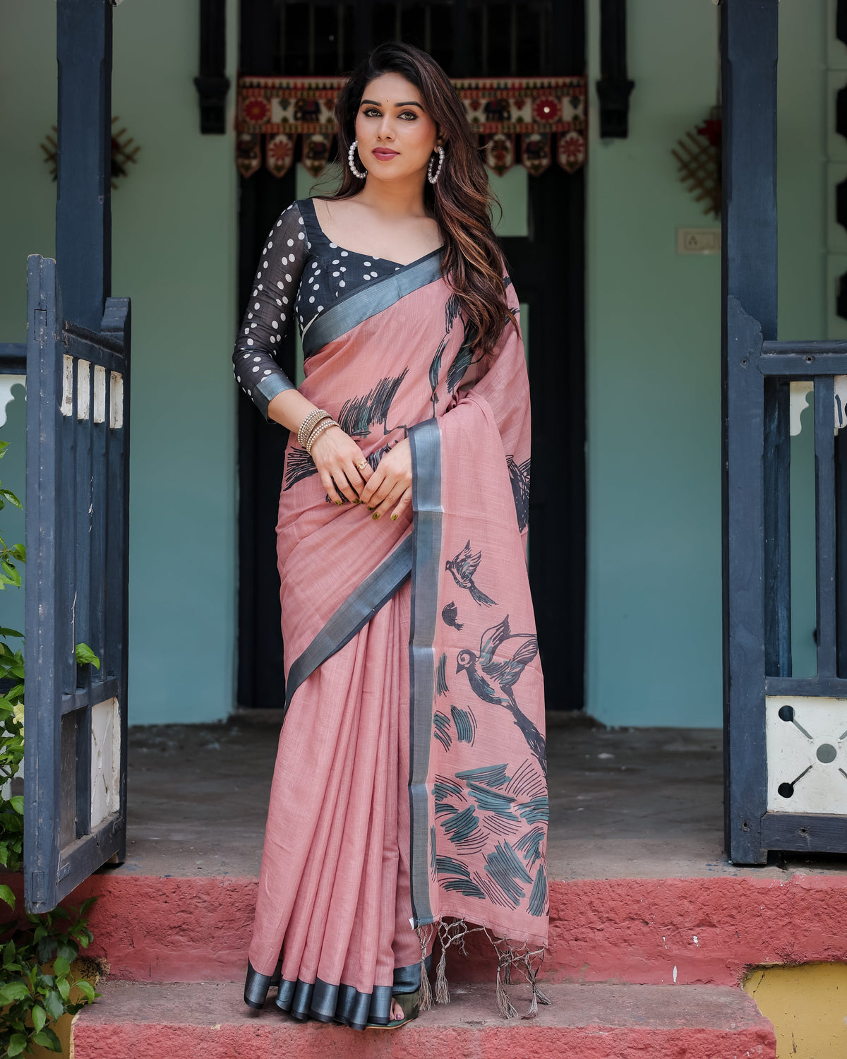 Blush Pink Pure Cotton Linen Saree with Contrast Polka Dot Blouse and Tassel Detailing LINEN Main image