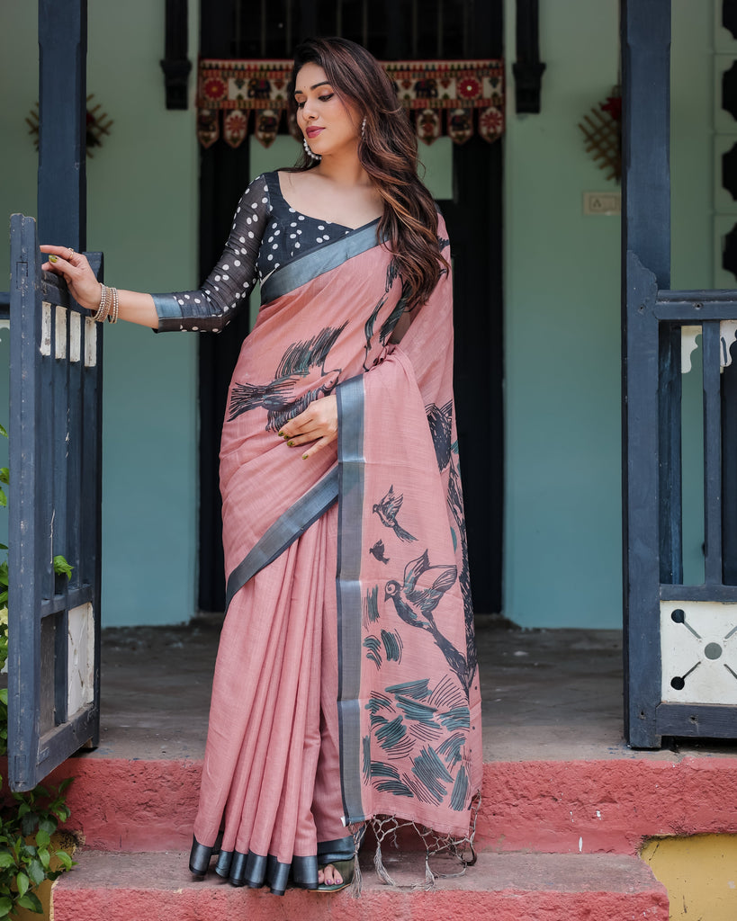 Blush Pink Pure Cotton Linen Saree with Contrast Polka Dot Blouse and Tassel Detailing LINEN