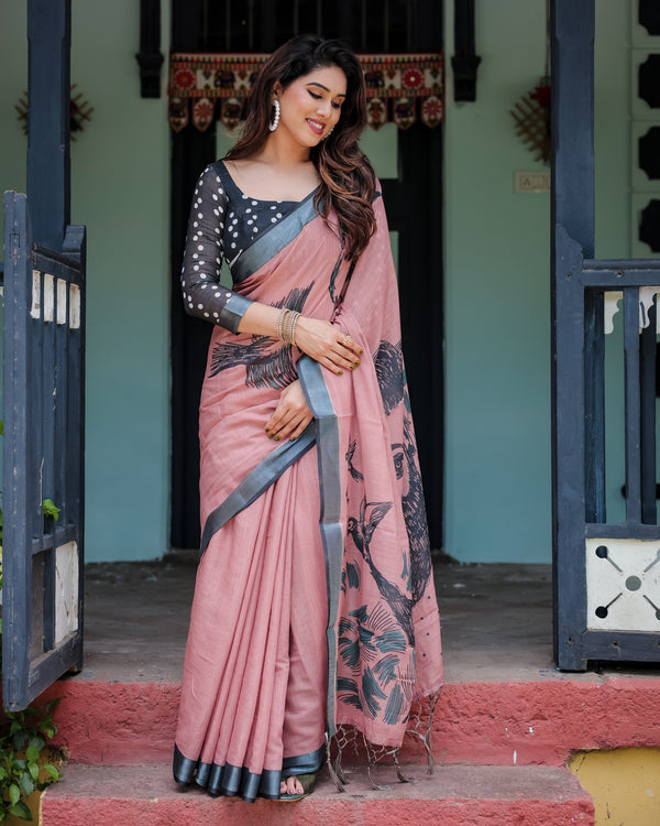 Blush Pink Pure Cotton Linen Saree with Contrast Polka Dot Blouse and Tassel Detailing LINEN