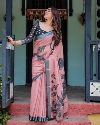 Blush Pink Pure Cotton Linen Saree with Contrast Polka Dot Blouse and Tassel Detailing LINEN