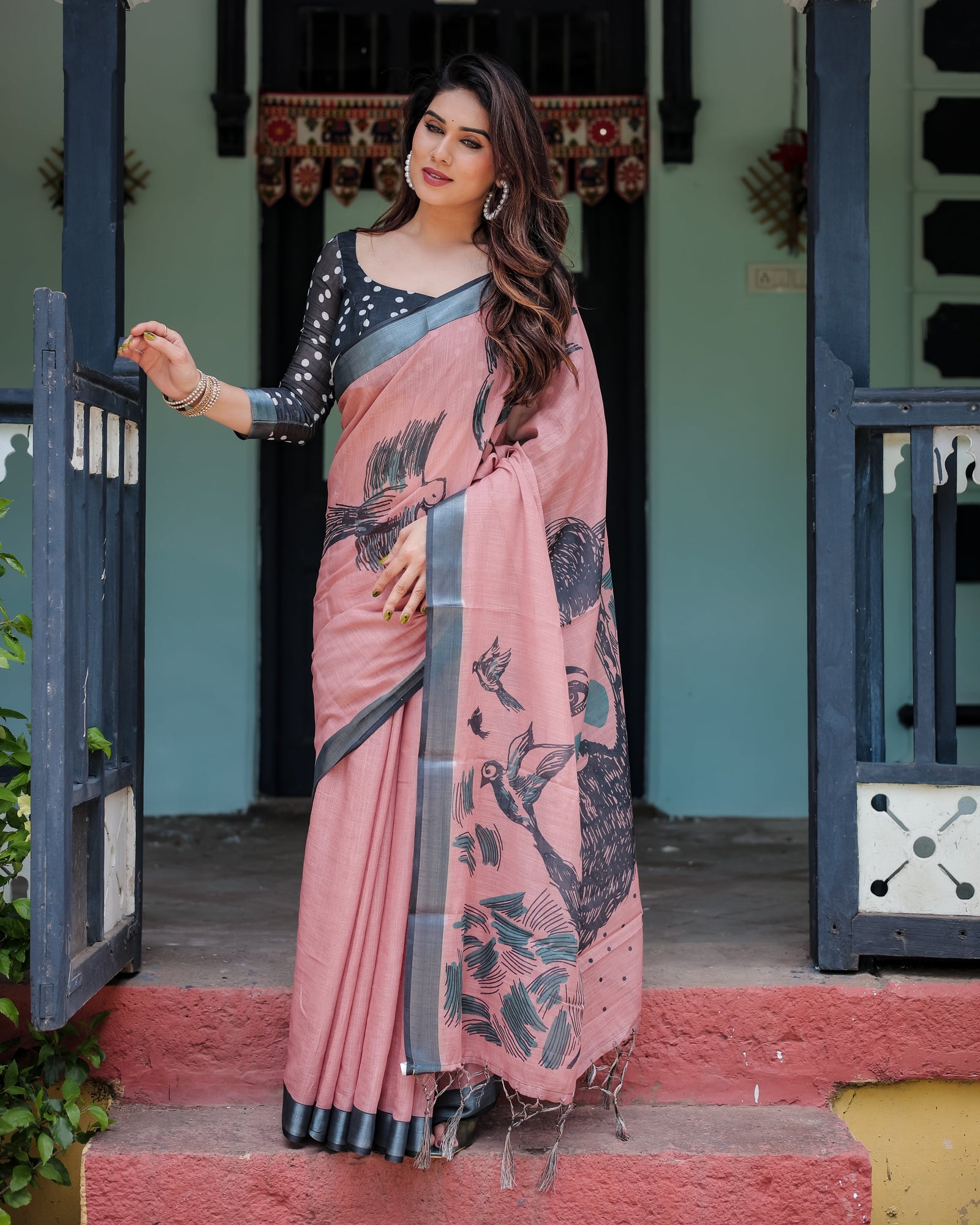 Blush Pink Pure Cotton Linen Saree with Contrast Polka Dot Blouse and Tassel Detailing LINEN
