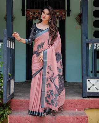 Blush Pink Pure Cotton Linen Saree with Contrast Polka Dot Blouse and Tassel Detailing LINEN
