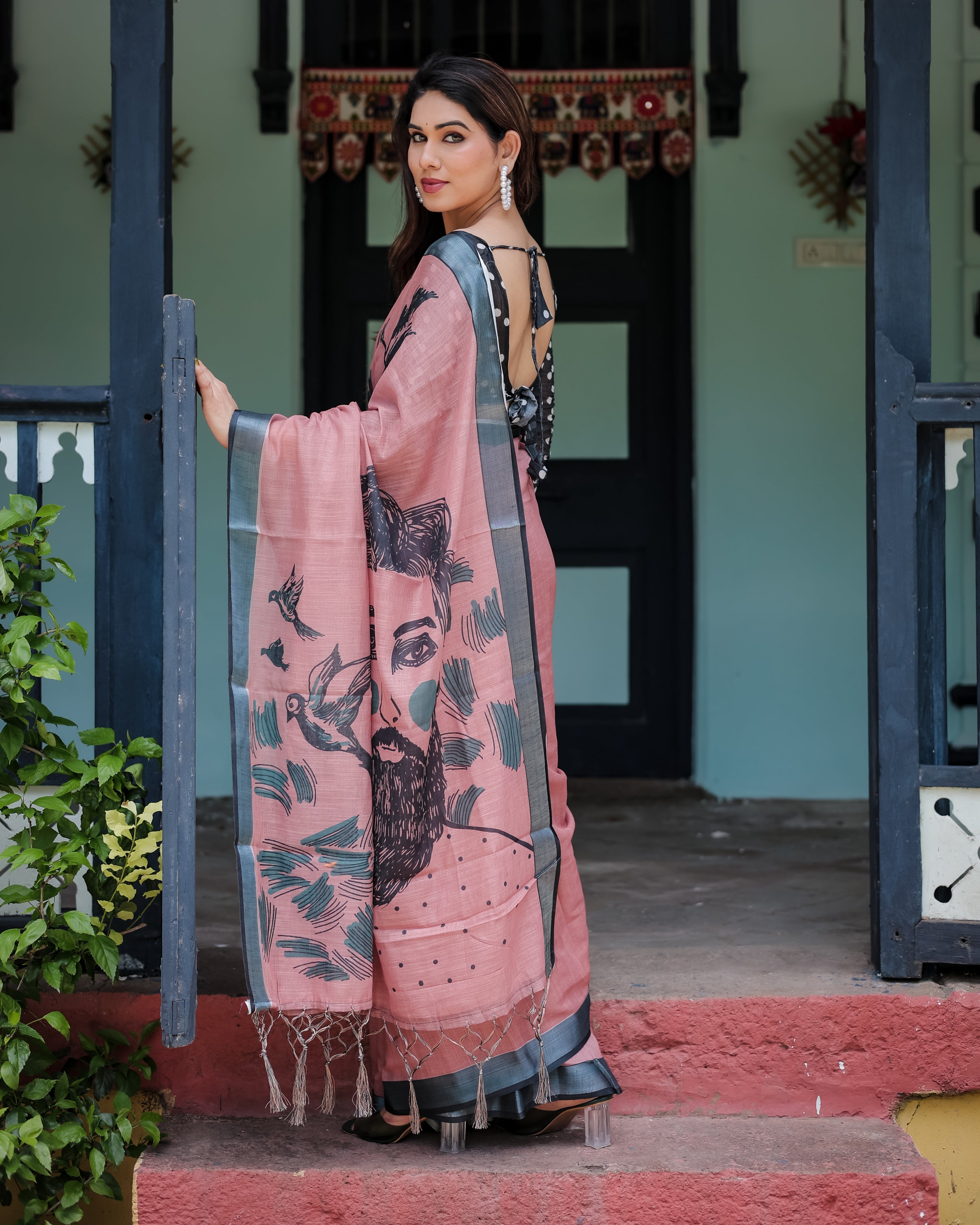 Blush Pink Pure Cotton Linen Saree with Contrast Polka Dot Blouse and Tassel Detailing LINEN