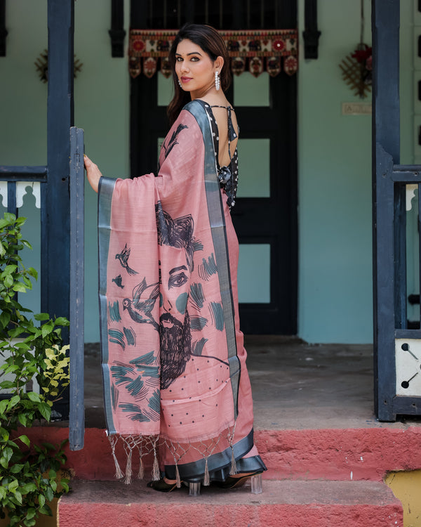 Blush Pink Pure Cotton Linen Saree with Contrast Polka Dot Blouse and Tassel Detailing LINEN