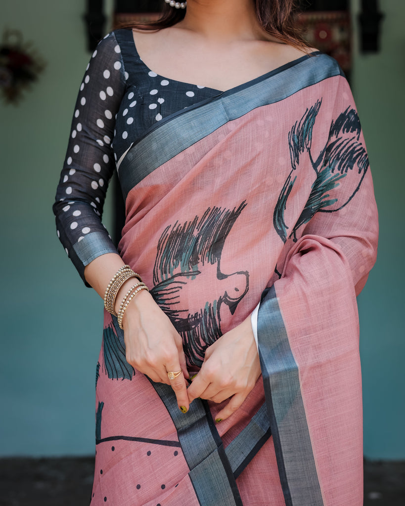 Blush Pink Pure Cotton Linen Saree with Contrast Polka Dot Blouse and Tassel Detailing LINEN