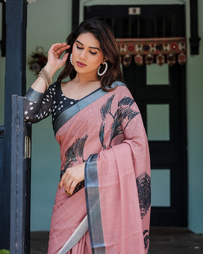 Blush Pink Pure Cotton Linen Saree with Contrast Polka Dot Blouse and Tassel Detailing LINEN
