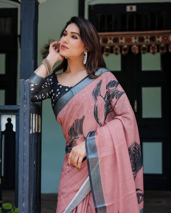Blush Pink Pure Cotton Linen Saree with Contrast Polka Dot Blouse and Tassel Detailing LINEN