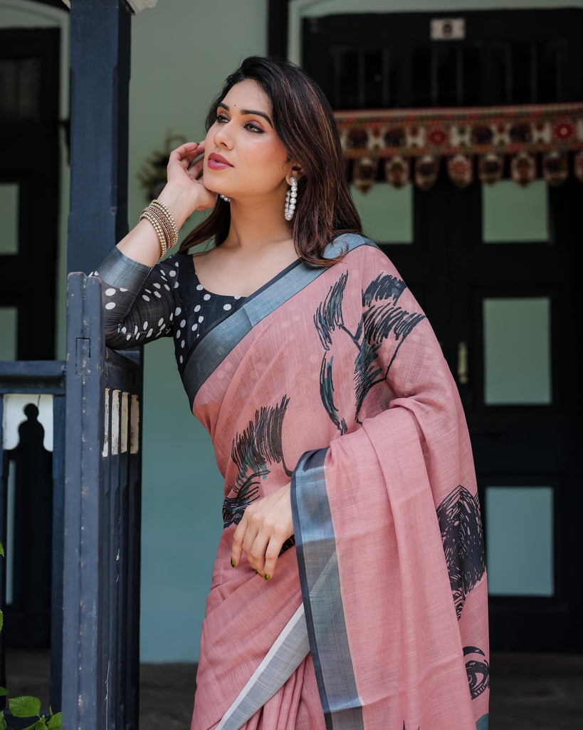 Blush Pink Pure Cotton Linen Saree with Contrast Polka Dot Blouse and Tassel Detailing LINEN