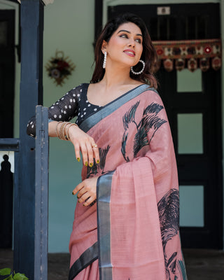 Blush Pink Pure Cotton Linen Saree with Contrast Polka Dot Blouse and Tassel Detailing LINEN