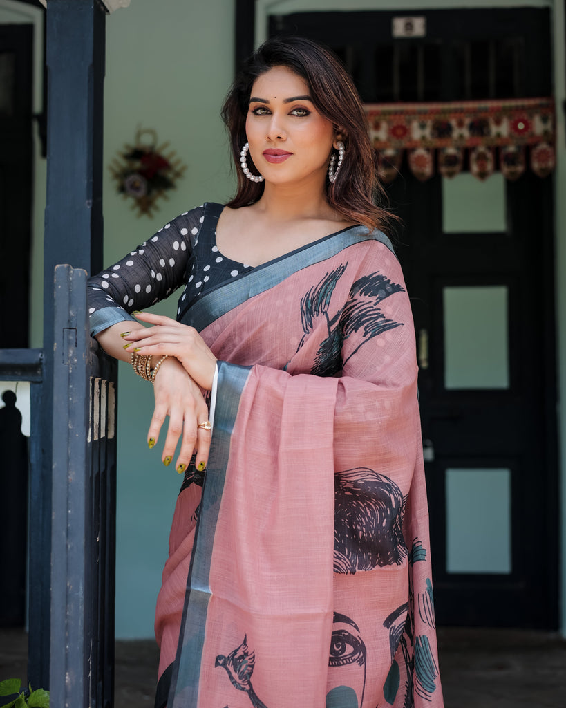 Blush Pink Pure Cotton Linen Saree with Contrast Polka Dot Blouse and Tassel Detailing LINEN