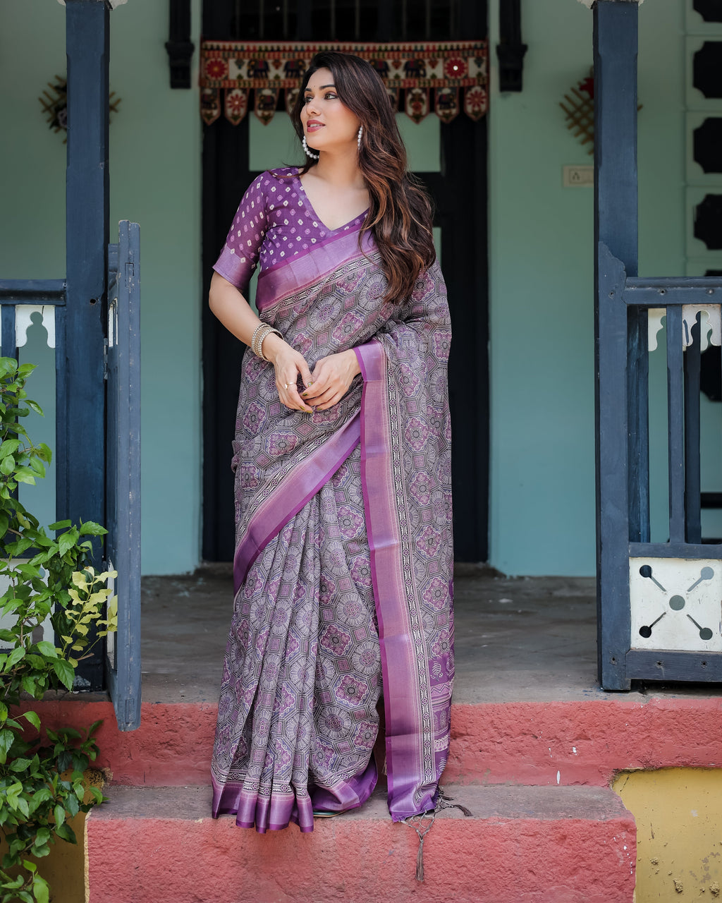 Elegant Purple Cotton Linen Saree with Geometric Motif and Blouse LINEN